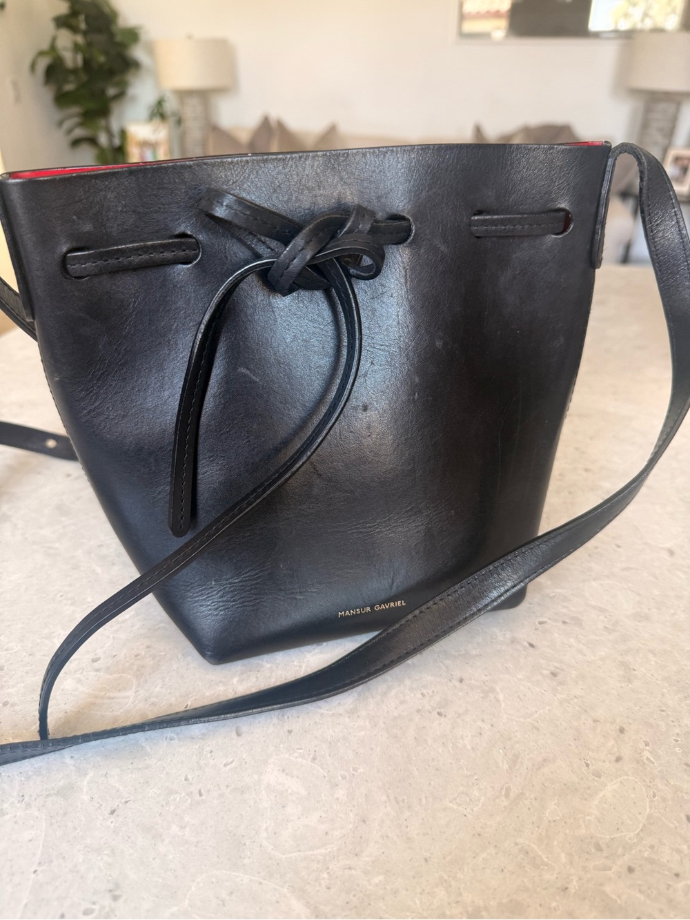 Mansur Gavriel Black Leather Bucket Crossbody with Red Lining